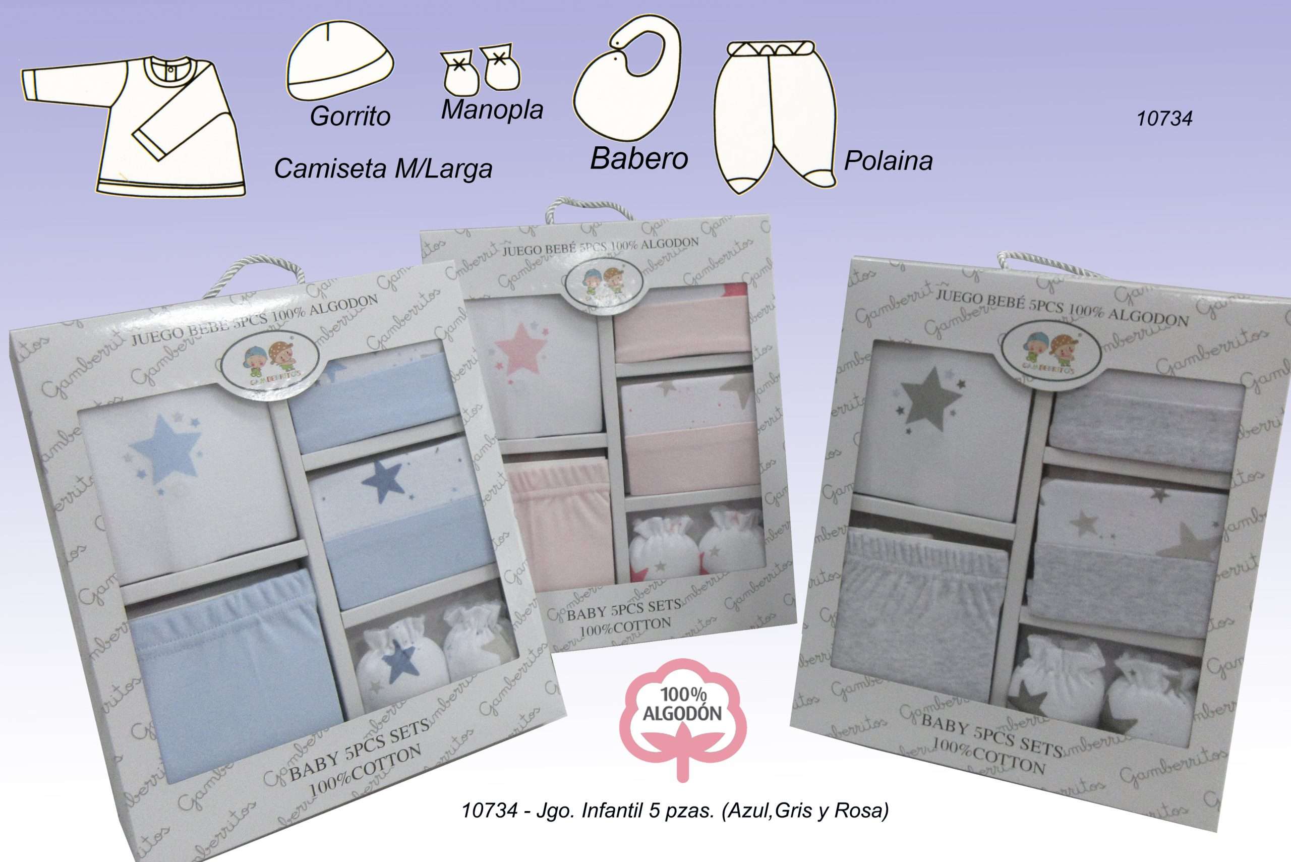 🎁 Pack regalo bebé Gamberritos – Modelo 10734 | Conjunto de 5 piezas 100% algodón ideal para recién nacidos